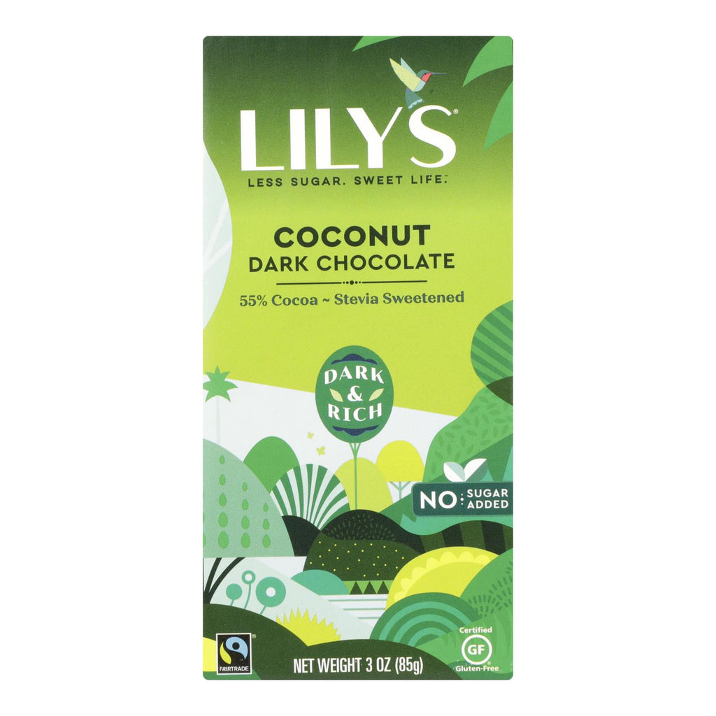 Lily's Sweets Chocolate Bar - Dark Chocolate - 55 Percent Cocoa - Coconut - 3 Oz Bars - Case Of 12 - Lakehouse Foods