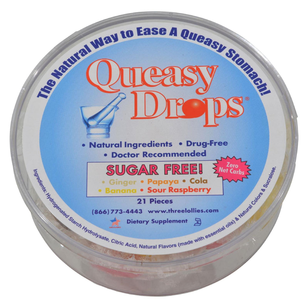 Three Lollies Queasy Drops Ginger Papaya Cola Banana Sour Raspberry - 21 Pieces - Lakehouse Foods