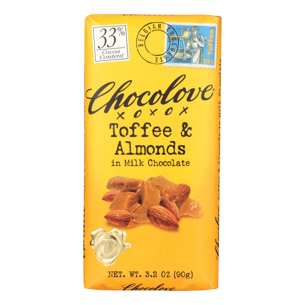 Chocolove Xoxox - Premium Chocolate Bar - Milk Chocolate - Toffee And Almonds - 3.2 Oz Bars - Case Of 12 - Lakehouse Foods