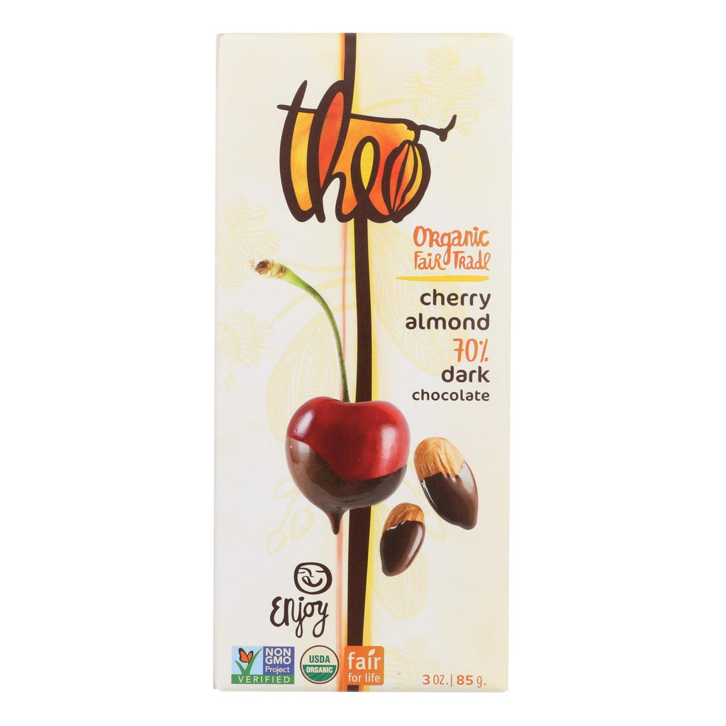 Theo Chocolate Organic Chocolate Bar - Classic - Dark Chocolate - 70 Percent Cacao - Cherry And Almond - 3 Oz Bars - Case Of 12 - Lakehouse Foods