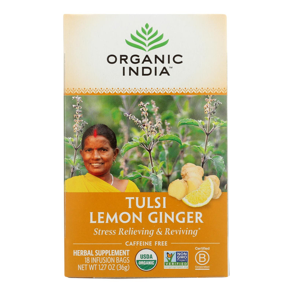 Organic India Tulsi Tea Lemon Ginger - 18 Tea Bags - Case Of 6 - Lakehouse Foods