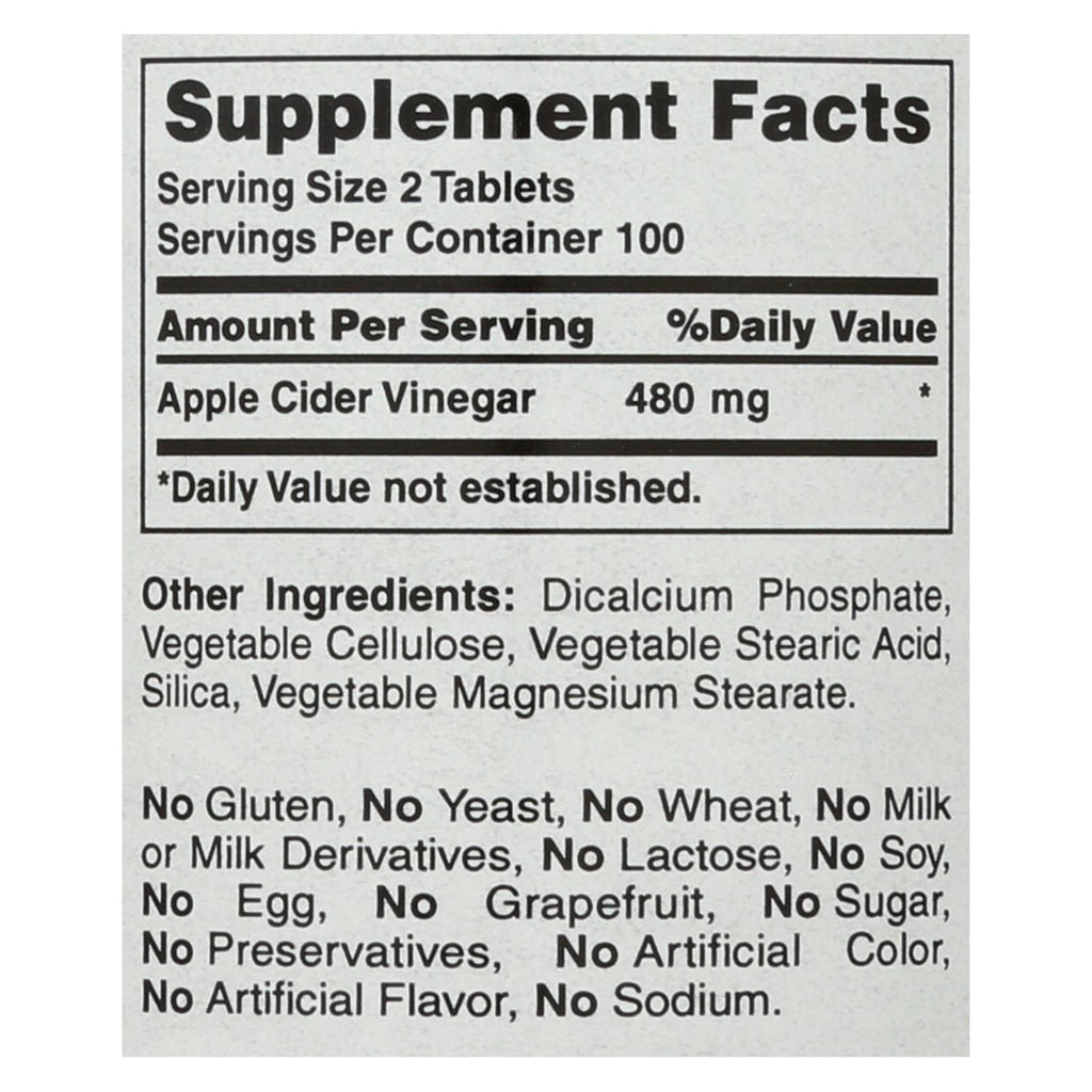 American Health - Apple Cider Vinegar - 300 Mg - 200 Tablets - Lakehouse Foods