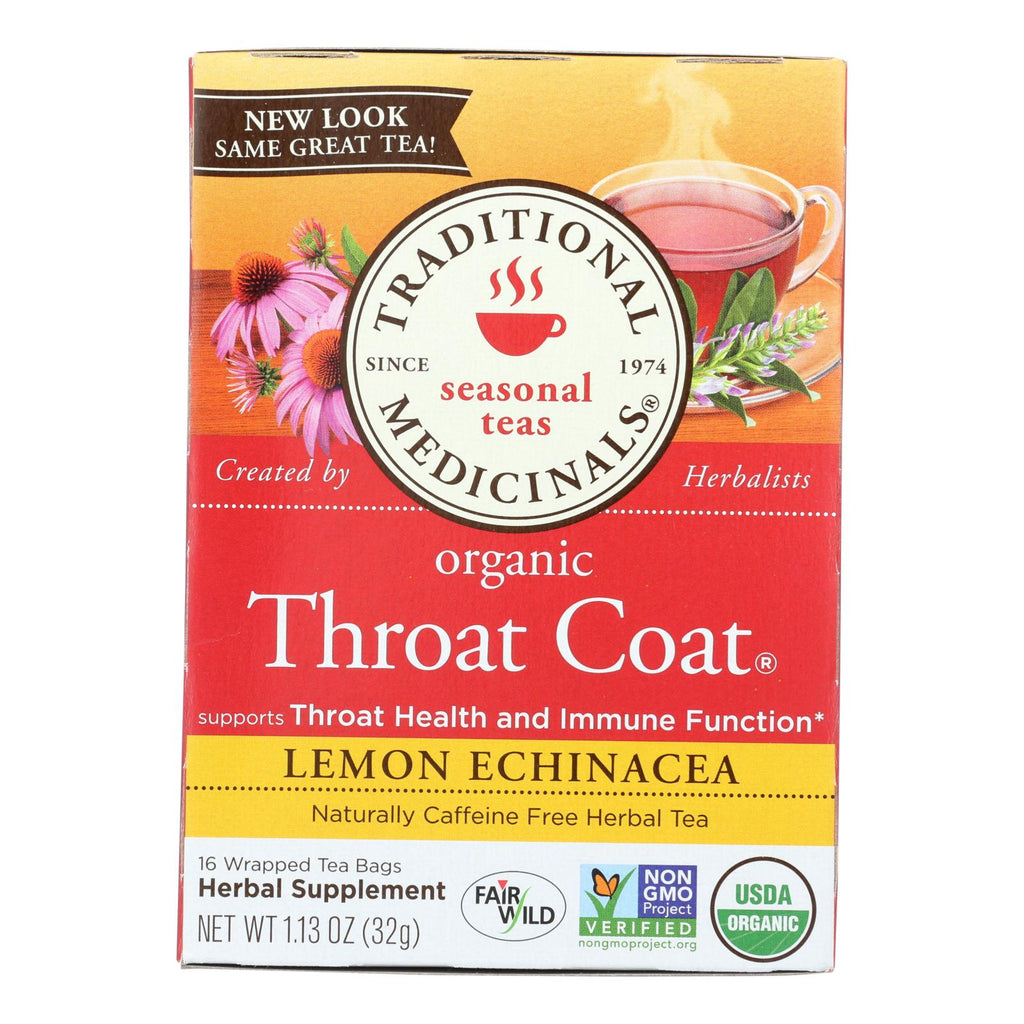 Traditional Medicinals Organic Lemon Echinacea Throat Coat Herbal Tea - 16 Tea Bags - Case Of 6 - Lakehouse Foods