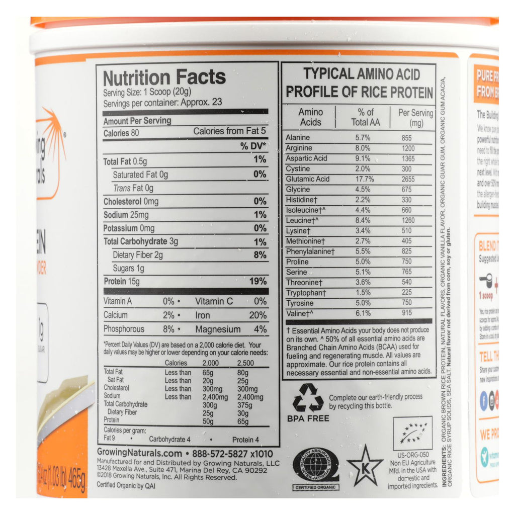 Growing Naturals Organic Raw Rice Protein - Vanilla Blast - 16.4 Oz - Lakehouse Foods