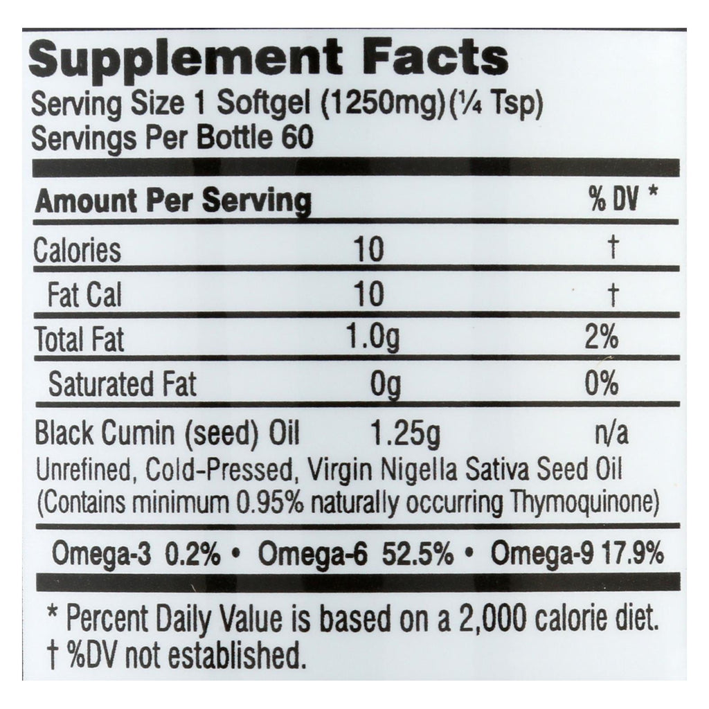 Black Seed Oil - 1250 Mg - 60 Softgel Capsules - Lakehouse Foods