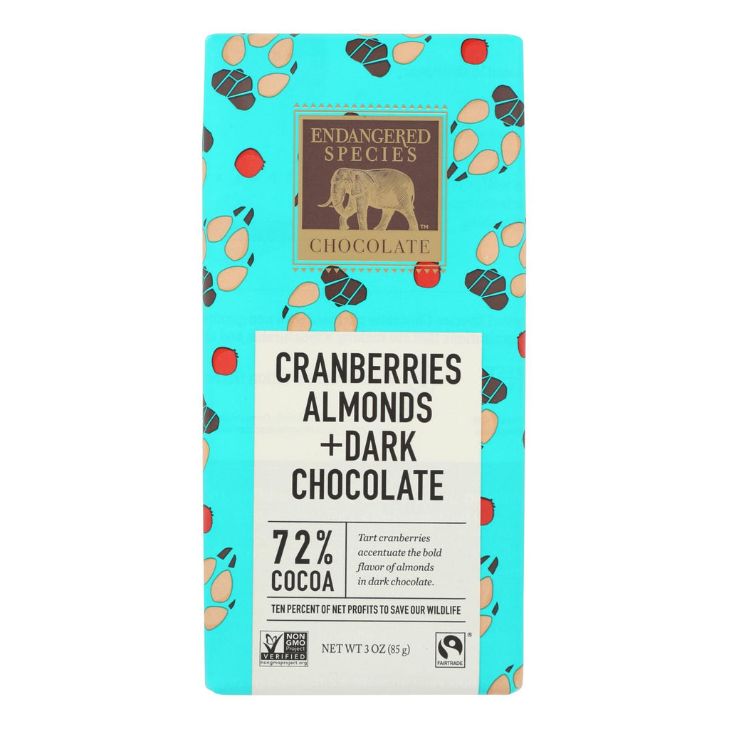 Endangered Species Natural Chocolate Bars - Dark Chocolate - 72 Percent Cocoa - Cranberries And Almonds - 3 Oz Bars - Case Of 12 - Lakehouse Foods