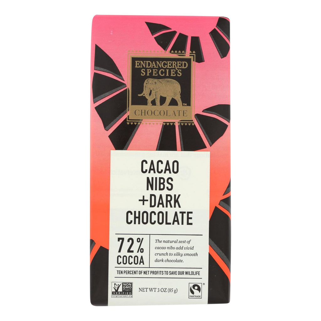 Endangered Species Natural Chocolate Bars - Dark Chocolate - 72 Percent Cocoa - Cacao Nibs - 3 Oz Bars - Case Of 12 - Lakehouse Foods