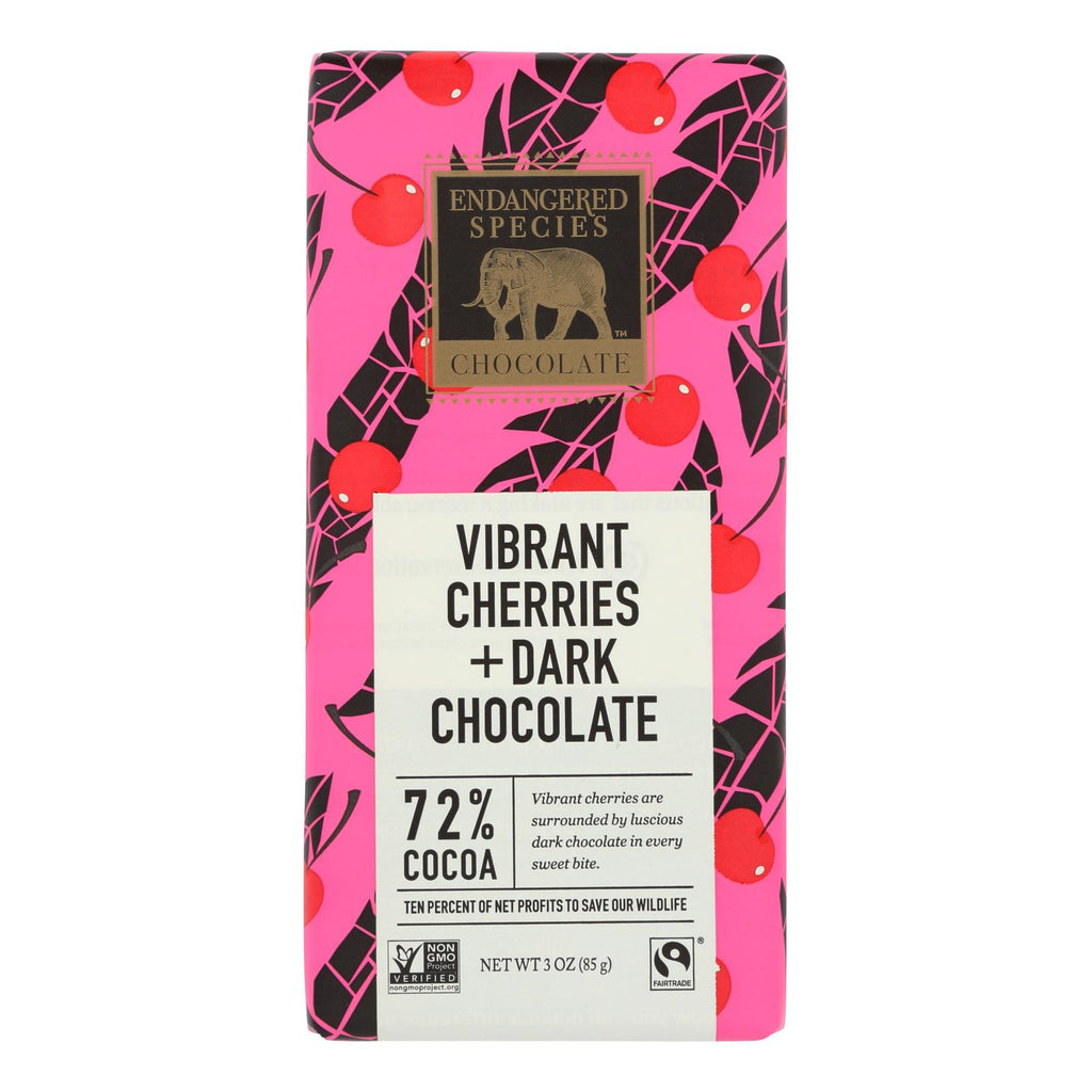 Endangered Species Natural Chocolate Bars - Dark Chocolate - 72 Percent Cocoa - Cherries - 3 Oz Bars - Case Of 12 - Lakehouse Foods