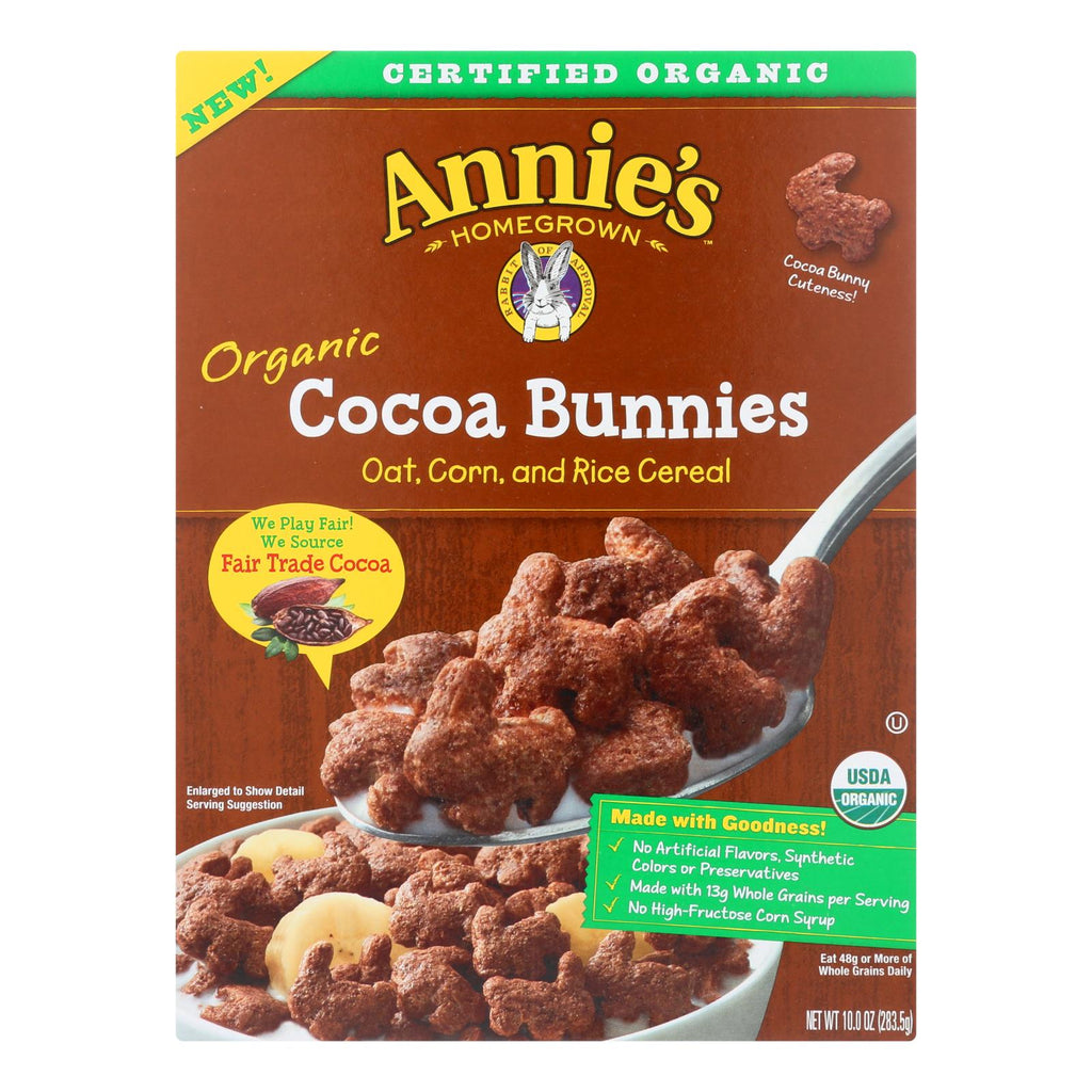 Annie's Homegrown Organic Cocoa Bunnies Oat With Corn And Rice Cereal - Case Of 10 - 10 Oz. - Lakehouse Foods