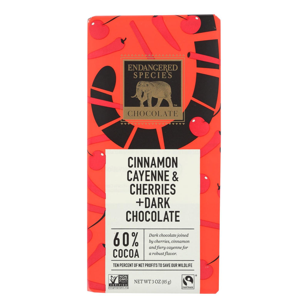 Endangered Species Natural Chocolate Bars - Dark Chocolate - 60 Percent Cocoa - Cinnamon Cayenne And Cherries - 3 Oz Bars - Case Of 12 - Lakehouse Foods